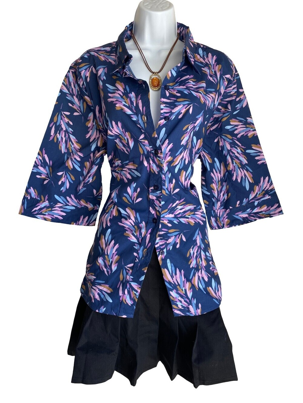 VTG American Sweetheart Plus XL Boho Button Up Tunic Blouse Navy Pink Floral Top